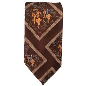 Vtg 70s Mens Tie Horses Fox Hunt Print Brown Polyester 4.25” Wide Necktie Retro